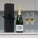 Personalised 21st birthday champagne gift featuring custom-labeled bottle with celebratory message, two filled flutes, and elegant black ribboned gift box – perfect for milestone celebrations. Personalised 21st birthday champagne gift featuring custom-labeled bottle with celebratory message, two filled flutes, and elegant black ribboned gift box – perfect for milestone celebrations.